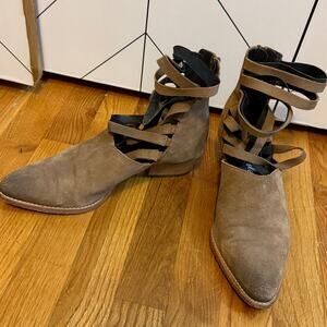Free People Sloan Women’s 39 Tan Suede Strappy Ankle Booties Boots Western Boho